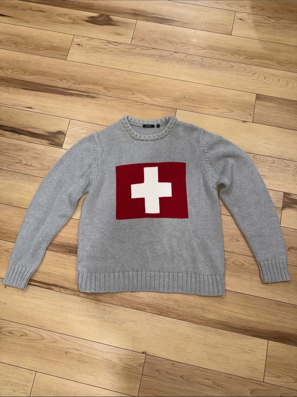 Men's Light Gray Crewneck Sweater with Red & White Cross Motif